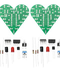 Two Piece Heart Shaped LED Soldering Practice Kit With Flashing Lights For DIY Electronics Projects layout in green and components in red