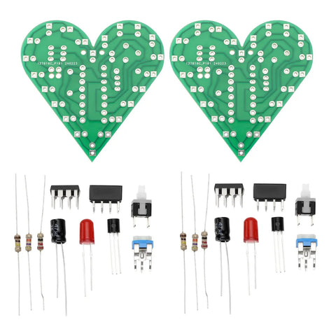 Two Piece Heart Shaped LED Soldering Practice Kit With Flashing Lights For DIY Electronics Projects layout in green and components in red