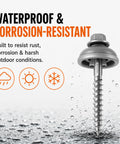 Heavy Duty Polycarbonate Self Drilling Wood Screws Two Inch Outdoor Fasteners With Sealing Dome Washers For Fence And Deck Building Rock Solid Hold No Sweat Install Weatherproof And Rust Resistant Fifty Count, close-up on water-resistant screw.