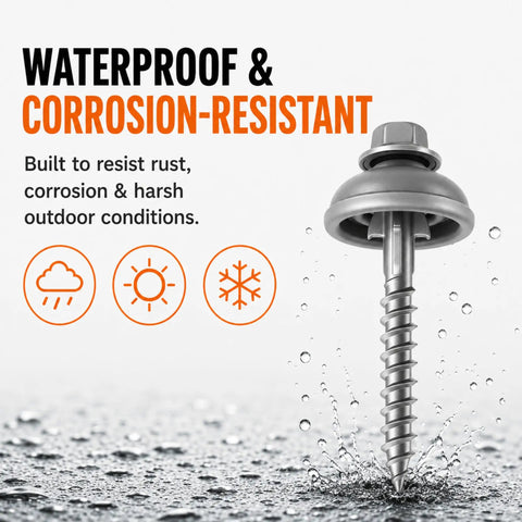 Heavy Duty Polycarbonate Self Drilling Wood Screws Two Inch Outdoor Fasteners With Sealing Dome Washers For Fence And Deck Building Rock Solid Hold No Sweat Install Weatherproof And Rust Resistant Fifty Count, close-up on water-resistant screw.