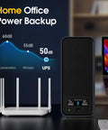 Lithium UPS Battery Backup And Surge Protector With Sinewave Power 1000VA 800W LiFePO4 Battery Pack 230.4 Wh Eight NEMA 5 15R Outlets Built In BMS LCD Display PP45 Terminals 10 Year Lifespan Gray next to router and computer in home office.