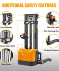 Compact Electric Pallet Stacker Rock Solid Workhorse 3300 Lb Capacity 138 Inch Max Lift Height Gel Battery powered forklift with safety features.