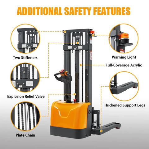 Compact Electric Pallet Stacker Rock Solid Workhorse 3300 Lb Capacity 138 Inch Max Lift Height Gel Battery powered forklift with safety features.