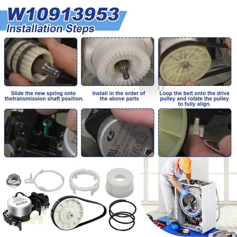W10913953 installation steps for Rock Solid Washer Shift Actuator And Pulley Clutch Kit with drive belt for DIY repairs.