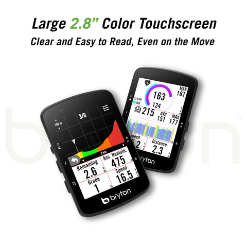 Rider 650 GPS Cycling Computer With 2.8 Inch Color Touchscreen displaying metrics and charts for navigation and ride data.