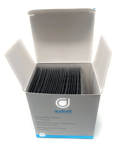 Audinell Cleaning Wipes box, 30-count, alcohol-free, for hearing aids