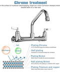 Wall Mount Commercial Kitchen Faucet With 8 Inch Center Spout Heavy Duty Brass 8 Inch Swivel Spout For Industrial Restaurant Sinks Built To Last For 3 Compartment Stations with chrome plating details