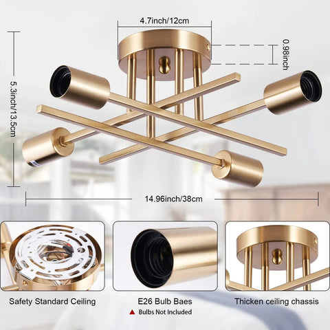 Six Light Sputnik Ceiling Chandelier Dope Modern Semi Flush Mount With E26 Base Brass Finish dimensions illustration