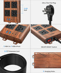 Slick Wood Finish Surge Protector Power Strip With Six Widely Spaced Outlets And Dual USB C Plus Dual USB A Ports showing 2 USB ports and a 6.5 ft cord.