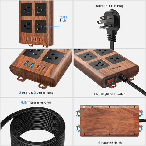 Slick Wood Finish Surge Protector Power Strip With Six Widely Spaced Outlets And Dual USB C Plus Dual USB A Ports showing 2 USB ports and a 6.5 ft cord.