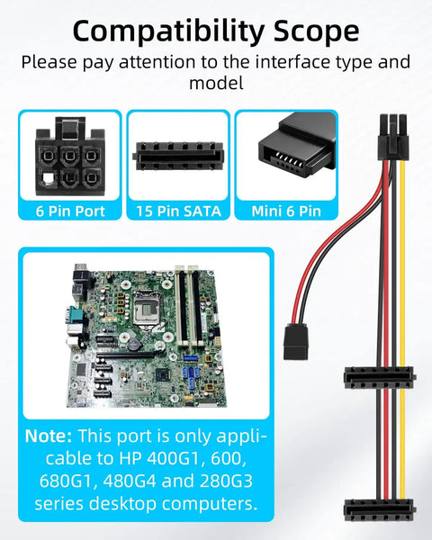 ATX 6Pin To Dual 15Pin SATA Power Cable With Mini 4Pin Optical Drive Connector Extension For Desktop PCs, black cable shown with 6-pin, SATA, and mini 6-pin connectors