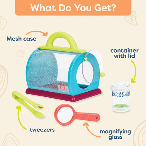 Bug Bungalow Insect Catching Kit For Kids With Mesh Case Magnifying Container Tweezers And Magnifier shown in parts