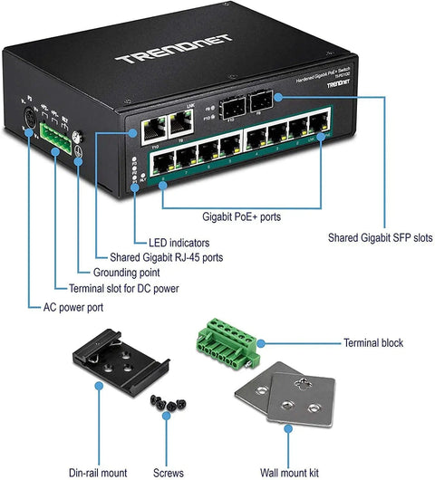 Workhorse Industrial Eight Port PoE Plus Gigabit DIN Rail Mountable Switch With Two Shared SFP Ports 240W PoE Budget, accessories