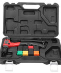 Heavy Duty Hand Rivet Nut Gun Set With Ergonomic Grip For M3, M4, M5, And M6 Inserts Includes Quick Release Screw For Easy Nut Separation And Durable Black And Red Finish Makes Fast Work Of Repair Projects. Open case with tool and inserts
