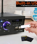 Close-up of Dope Bluetooth Stereo Amplifier Receiver with USB and SD card slots showing front panel and USB insertion.