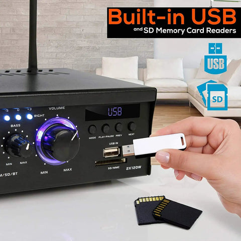 Close-up of Dope Bluetooth Stereo Amplifier Receiver with USB and SD card slots showing front panel and USB insertion.