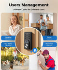 Smart Deadbolt Keyless Entry Door Lock Boasting AI Powered Fingerprint Recognition That Slips in Under Half A Second plus Bluetooth App Integration and Keypad Backup Provide Gnarly Convenience and Secure Peace of Mind in Slick Black with keypad interface and user management display.