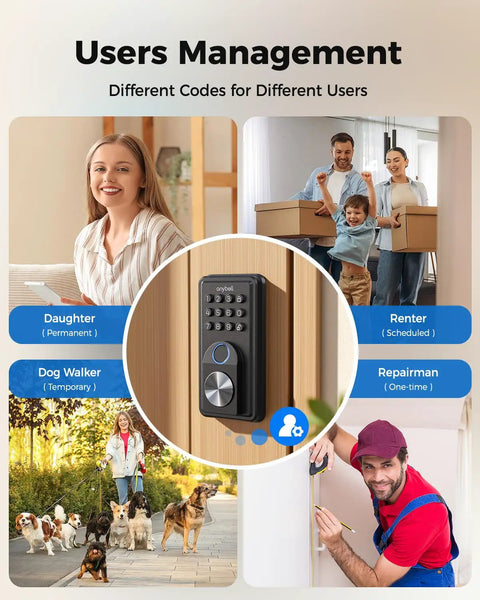 Smart Deadbolt Keyless Entry Door Lock Boasting AI Powered Fingerprint Recognition That Slips in Under Half A Second plus Bluetooth App Integration and Keypad Backup Provide Gnarly Convenience and Secure Peace of Mind in Slick Black with keypad interface and user management display.