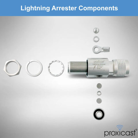 Beefed Up Coaxial Lightning Arrester components showcasing parts for outdoor antennas with N Male N Female connectors.