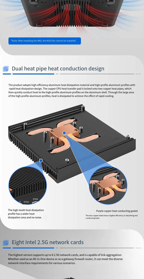 Intel Alder Lake N150 Firewall Mini Pc showing dual heat pipe heat conduction design for efficient cooling and high performance.