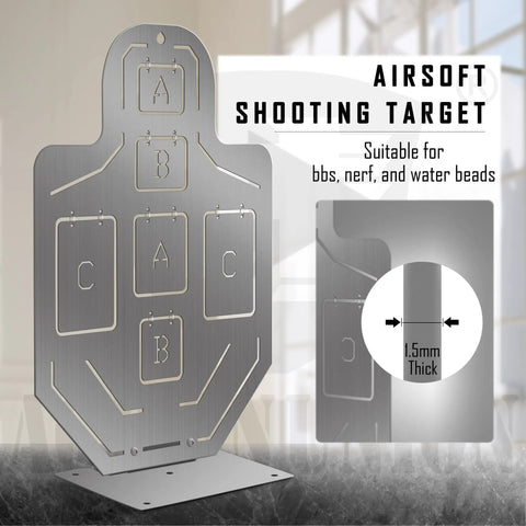 Beefy All Metal Airsoft Target With Six Zone Silhouette A B C Hit Areas, Stainless Steel Black Lacquer Finish, 1.5mm thick