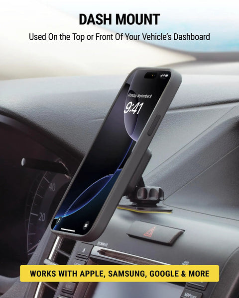 Image of a Magnetic Car Phone Mount For Dashboard With 360 Degree Swivel Head And Super Grippy Hold, installed with phone.