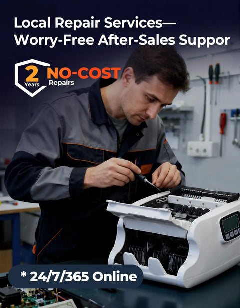 Technician repairing IMC22 Money Counter Machine For Mixed Denominations And Multi Currency, ensuring 2-year protection service.