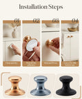Installation steps for Two Pack Grey Aluminum Drawer Knobs With Peel And Stick Adhesive, no drilling, showcasing cleaning, peel, stick, and finish.