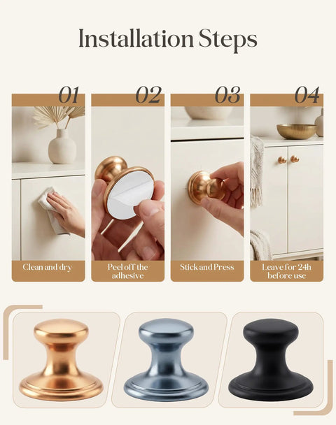 Installation steps for Hella Sleek Grey Aluminum Self Adhesive Drawer Pulls Stick On Cabinet Knobs For Kitchen Bathroom Vanity 8 Piece Set.