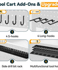 Pegboard accessories for Power Tool Organizer Cart with S-hooks, long hooks, drill bit rack, and tool holder.