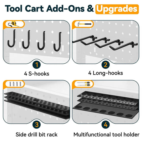 Pegboard accessories for Power Tool Organizer Cart with S-hooks, long hooks, drill bit rack, and tool holder.