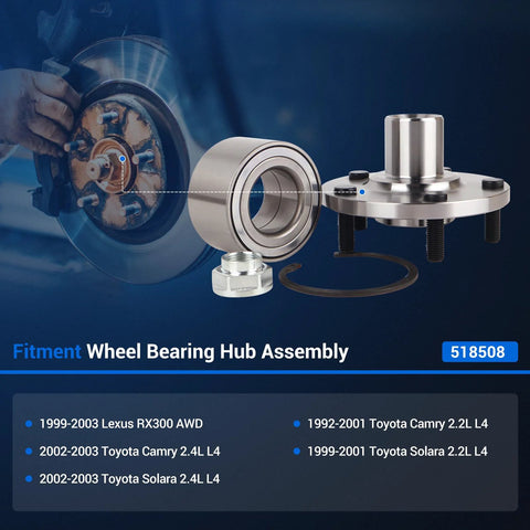 Front Wheel Hub Assembly 5 Lug Set For Toyota Camry Solara And Lexus RX300 AWD Non ABS Pair Drop In Ready Fits Camry 2.2L 2.4L RX300 AWD 1999 To 2003 displayed with components and installation diagram.
