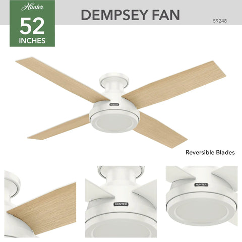 52 Inch Indoor Ceiling Fan With Remote Control No Light, Low Profile Flush Mount 4 Blades In Fresh White For Bedroom Living Room Or Kitchen