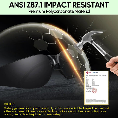 Solid Gear Clear Safety Glasses 120 Pack For Men And Women Featuring Ansi Z871 Approved Impact Shield Plus Anti Scratch Polycarbonate Lenses, with hammer and shield graphic.