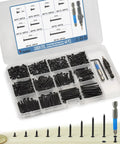440 Piece Black Carbon Steel Self Tapping Wood Screws Assortment Kit Featuring Flat Head Phillips Drive and Rust Resistant Fasteners in organizer.