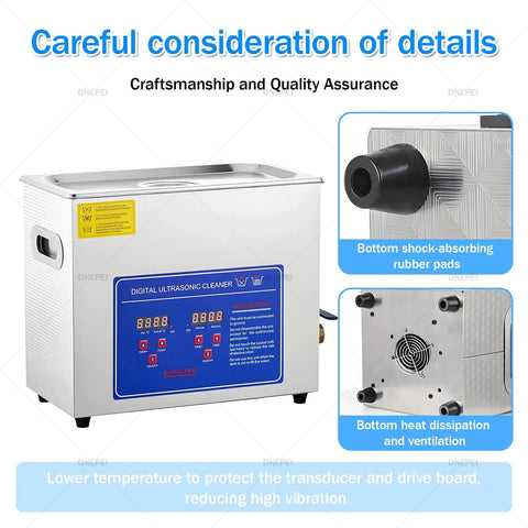 Top Shelf 10L Ultrasonic Cleaner With Built In Heater And Digital Timer showing shock-absorbing rubber pads and heat dissipation features.