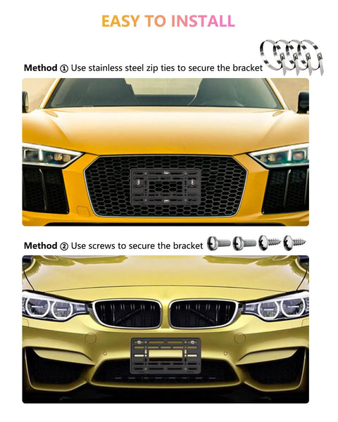 Front License Plate Holder Bracket Upgraded Black Universal ABS Mounting Kit Frame With Raised Edge And Screws installation