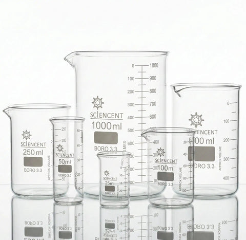 Thick Wall Borosilicate Glass Beaker Set Of Six With No Spill Spouts 25 ML 50 ML 100 ML 250 ML 500 ML And 1000 ML Heat Resistant Laboratory Beakers For Boiling And Mixing displayed on a white background.