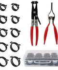 42 Piece 24 To 46 mm Spring Hose Clamps Set With Swivel Flat Clamp Pliers And Hose Removal Pliers Assortment Kit Includes 10 Large Sizes Chrome Vanadium Steel Great For Auto And Home Use Pro Grade For Pros And Diyers; set displayed with clamps, pliers, and storage case