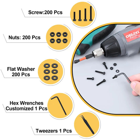600 Pcs M3 Screws Set With Black Alloy Steel M3x6/8/10/12/16/20/25/30mm Screws, 12.9 Alloy Nuts, Bolts And Washers, Hex Socket Head, shown with tools.