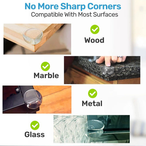 Rock Solid Table Corner Protectors And Clear Edge Guards For Baby Proofing Furniture Safety With Heavy Duty Tape on wood, marble, metal, and glass surfaces.