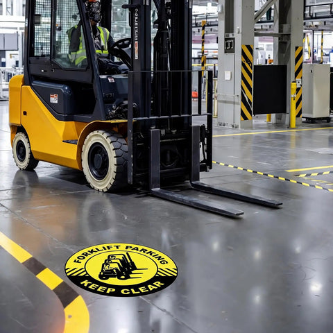5 Pack Forklift Parking Keep Clear Floor Signs, 17 Inch Adhesive Safety Stickers For Warehouse Shop Office, Heavy Duty Traffic Warning Decals, Clear Aisle Markers For Loading Zones And Safety Management. Yellow floor decal beside forklift in warehouse