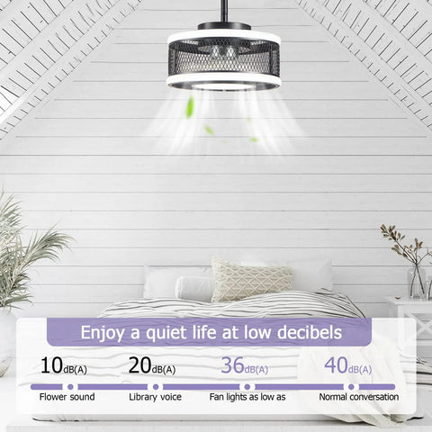 Bedroom with Dope Industrial Caged Ceiling Fan With Light Remote Control, Dimmable LED Ring, Quiet Motor, Low Decibel Levels