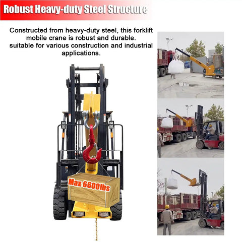 Boss Grade 3 Ton Forklift Jib Boom Crane Adapter With Smooth Zero To Seventy Five Degree Tilt and Extending Seven To Twelve Foot Telescopic Stick Paired With Dual Heavy Duty Carabiners For Quick Site Rigging, showcasing heavy-duty steel construction.
