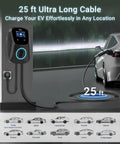 Tesla Level 2 EV Charger J1772 48A Adjustable 240V with 25 ft Cable in use charging an electric vehicle outdoors.