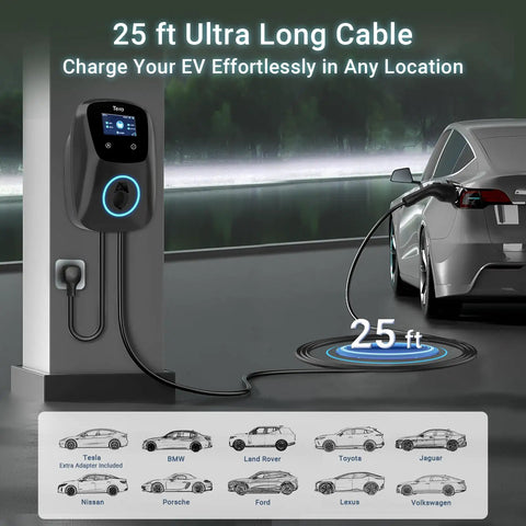 Tesla Level 2 EV Charger J1772 48A Adjustable 240V with 25 ft Cable in use charging an electric vehicle outdoors.