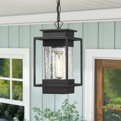 Outdoor Indoor Pendant Light For Front Porch And Entryway, 11.4 Inch Dope Modern Exterior Ceiling Chandelier, Weatherproof Aluminum With Crack Glass Shade, Ideal For Foyer, Patio Or Garage