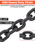 Close-up of Heavy Duty G80 Chain Binder Set 3/8 to 1/2 Inch With 3/8 Inch By 10 Foot Chain, showing chain detail and size info