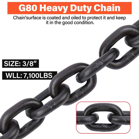 Close-up of Heavy Duty G80 Chain Binder Set 3/8 to 1/2 Inch With 3/8 Inch By 10 Foot Chain, showing chain detail and size info