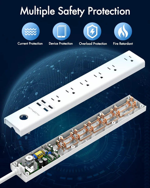 Inside view of Long 10 Foot Power Strip Surge Protector With Six Outlets And Four USB Ports, showing safety features and materials.